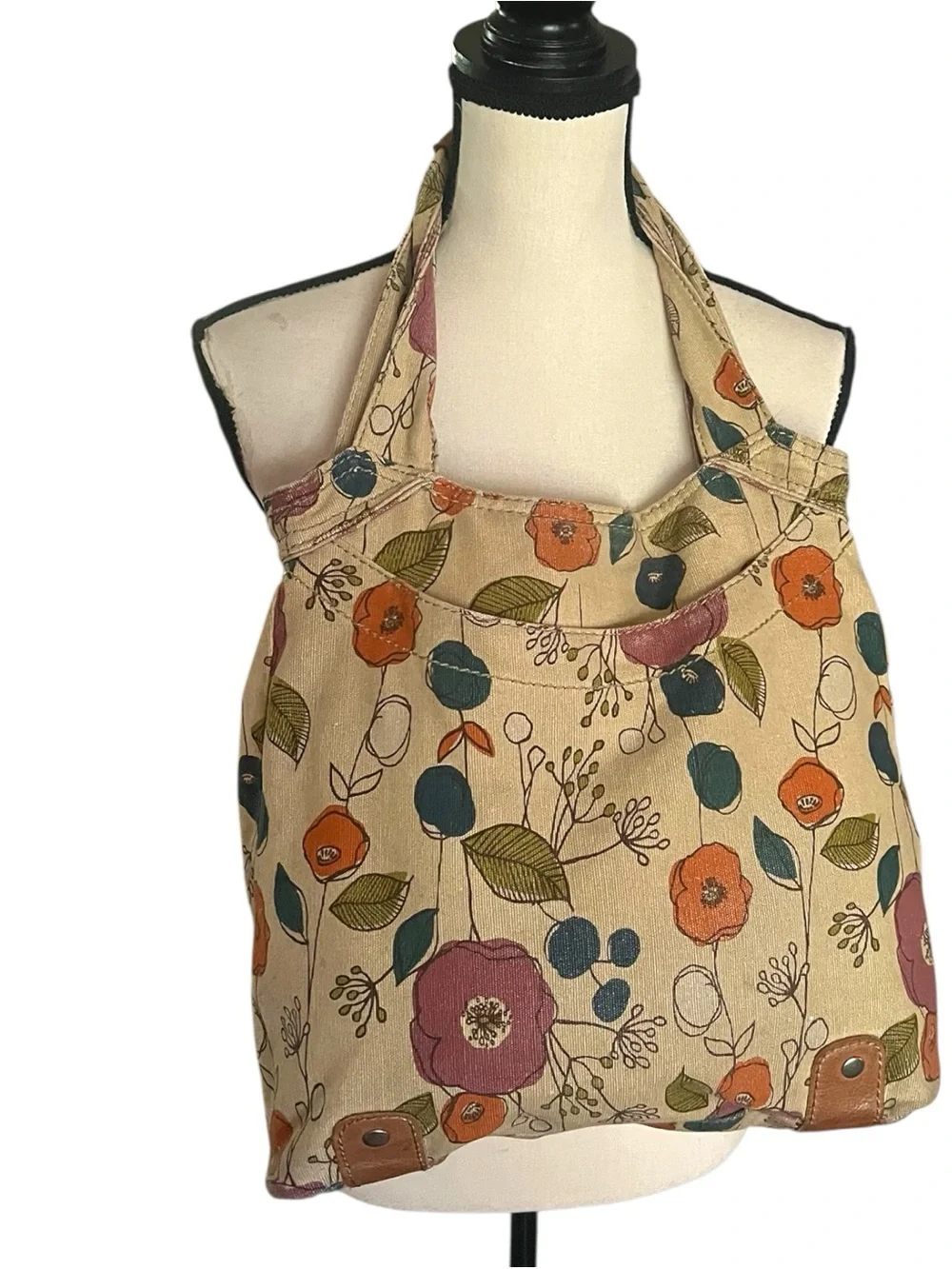 Vintage Fossil Key-Per Floral Canvas Hobo Shoulder Bag with leather accents.
